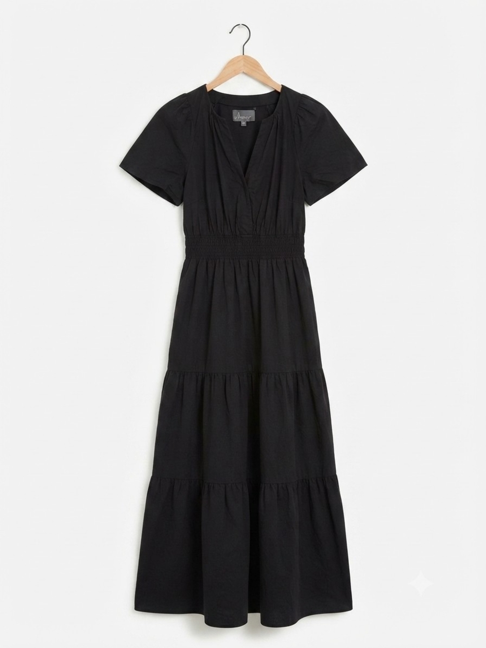 Anthropologie Black Tiered Smocked Waist Maxi Dress Size M